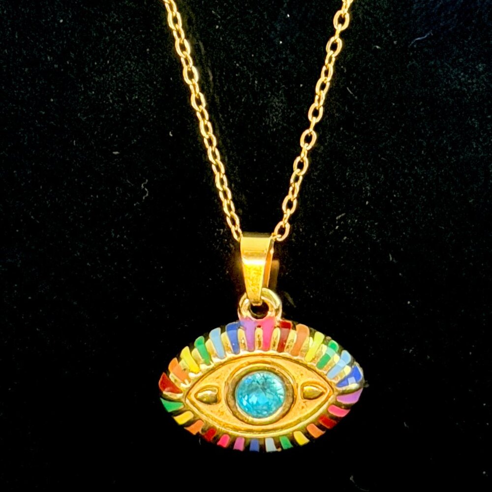 Ramla Rainbow Evil Eye Necklace - 14K Gold-Plated Stainless Steel - New - Picture 2 of 3